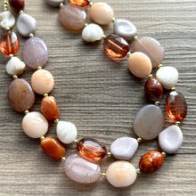 Load image into Gallery viewer, S’more Happy Chunky Statement Necklace, Big beaded jewelry, Double Strand Statement brown bridesmaid wedding cream chocolate gold