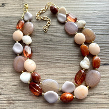 Load image into Gallery viewer, S’more Happy Chunky Statement Necklace, Big beaded jewelry, Double Strand Statement brown bridesmaid wedding cream chocolate gold