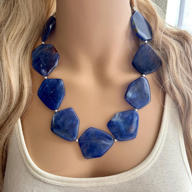 Royal Blue Chunky Statement Necklace, Big beaded jewelry, Single Strand bib Statement, bridal bridesmaid wedding silver earrings