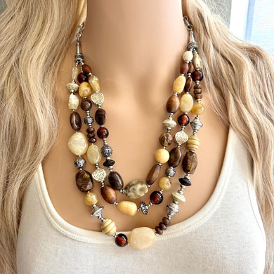 Mocha Macchiato Vintage statement necklace, chunky bib beaded jewelry 3 strand neutral wood multi strand brown, Traveler silver cream black