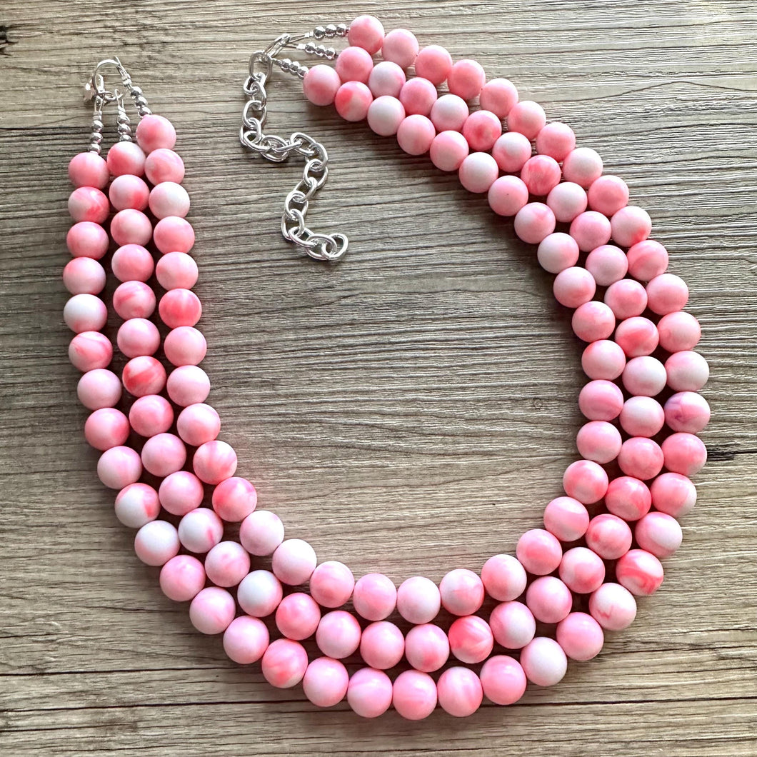 Multi Strand Neon Pink Necklace, Tie Dye jewelry, chunky pink necklace, statement white pink necklace, bright pink jewelry, beaded necklace