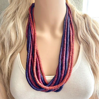 Vintage Beaded long necklace, jewel tone statement necklace, everyday wood chunky 8 layering necklace purple pink coral orange