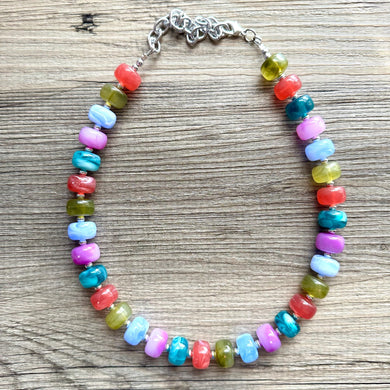 Rainbow Candy Statement Necklace, resin chunky multi-strand jewelry, green pink white necklace, single strand silver blue olive green red