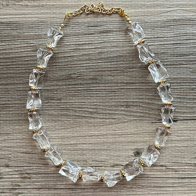 Shattered Edges Glisten Beaded Necklace, 1 Strand Statement Jewelry, clear Chunky bib, bridesmaid necklace, resin translucent gold jewelry