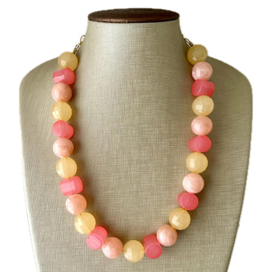 Chunky Coral Yellow Statement Necklace, pink jewelry, peach bib necklace, hot pink geometric necklace single strand buttercream