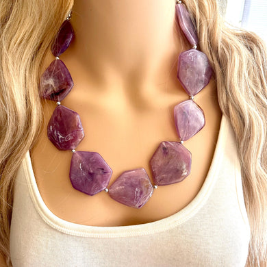 Purple Chunky Statement Necklace, Big beaded jewelry, Single Strand bib bridal bridesmaid wedding silver earrings brown swirl amethyst