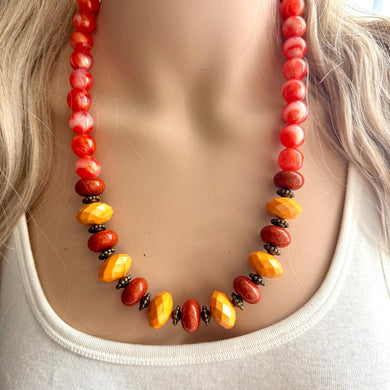 Fall Festival Chunky Statement Necklace, gold bib necklace, honey red brown gold necklace, geometric chain beaded mustard orange