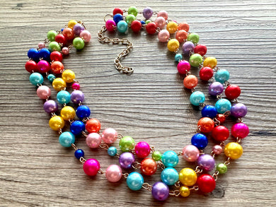 Rainbow Bubble Statement, pearl jewelry, gold chain bib chunky necklace, 3 strand red orange yellow green blue purple pink earrings set