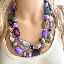 Load image into Gallery viewer, Gold Drenched Midnight Necklace, Gray Purple Beaded Jewelry, Statement Chunky Bib Silver, Thick beaded necklace, Jewel tone necklace