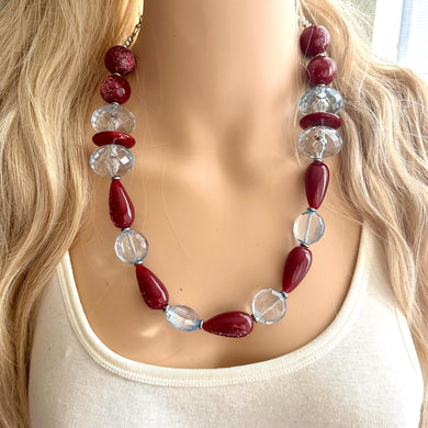 Maroon & Blue Geometric Beaded statement necklace, chunky red jewelry, layering necklace red light aqua baby blue resin single strand