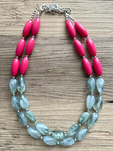 Pink & Green Statement Necklace, Multi-Strand, Double Layer Chunky Jewelry, pink green jewelry, beaded necklace, green hot pink magenta