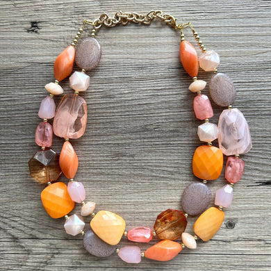 Summer Sunshine Statement Necklace, chunky bib beaded jewelry, Rainbow jewelry, coral peach orange gold pink, beaded acrylic jewelry