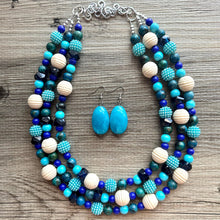 Load image into Gallery viewer, Blue Dream Baby Statement Necklace, chunky bib beaded jewelry, navy royal dark wood necklace, periwinkle acrylic gray silver aqua earrings