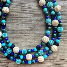 Load image into Gallery viewer, Blue Dream Baby Statement Necklace, chunky bib beaded jewelry, navy royal dark wood necklace, periwinkle acrylic gray silver aqua earrings