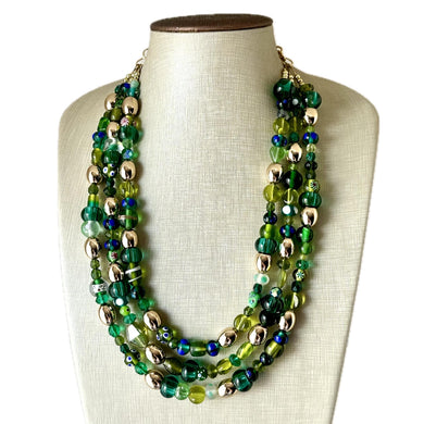 Lush Green Glass Chunky 3 Strand Statement Necklace, grass beaded jewelry, gold geometric chunky jewel tone moss wedding