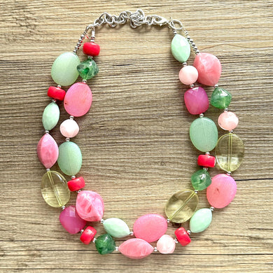 Pink & Lime Green Necklace, multi strand jewelry, big beaded chunky statement necklace, pink necklace, bridesmaid necklace, green necklace