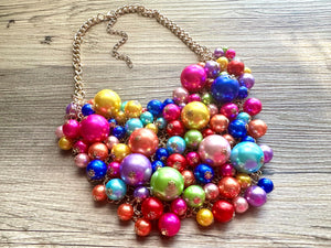 Big Balloon Rainbow Necklace, Chunky Statement Jewelry, Bib Necklace Pearl Bubble Beaded gold wedding bridesmaid large bib festival