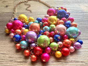 Big Balloon Rainbow Necklace, Chunky Statement Jewelry, Bib Necklace Pearl Bubble Beaded gold wedding bridesmaid large bib festival