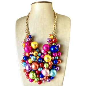 Big Balloon Rainbow Necklace, Chunky Statement Jewelry, Bib Necklace Pearl Bubble Beaded gold wedding bridesmaid large bib festival