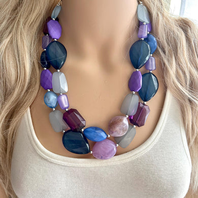 Raven Statement Necklace, Puple gray chunky black Jewelry, periwinkle chunky bridesmaid wedding, navy blue eggplant silver