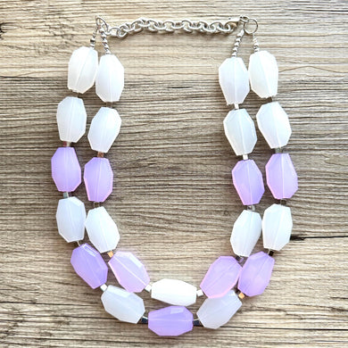 Light Purple Chunky Statement Necklace, Big beaded jewelry, Double Strand Statement Bib White Silver bridesmaid wedding lavender