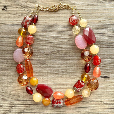 Cranberry Chunky Statement Necklace, Double Strand Beaded Jewelry, berry maroon jewelry, bridesmaid wedding bib resin coral yellow orange