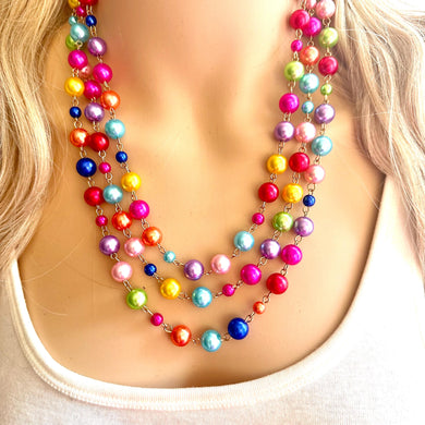 Rainbow Bubble Statement, pearl jewelry, gold chain bib chunky necklace, 3 strand red orange yellow green blue purple pink earrings set