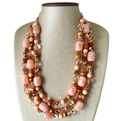 Devine Golden Necklace, Coral RoseGold Necklace, multi strand jewelry, big beaded chunky statement necklace, coral bib necklace