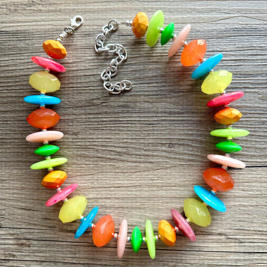 Tropical Parade Strand statement necklace, big beaded chunky jewelry, Fuchsia Lime Green Coral Bib Jewelry set yellow blue pink peach