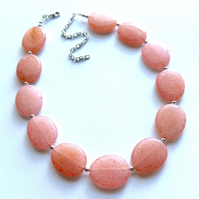 Coral Pink Statement Necklace, Chunky Jewelry Big Beaded Single Strand Necklace, crackle layering mod resin bib bright funky brown