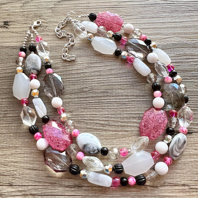 Pink Black & White Statement Necklace, Triple Strand Beaded Jewelry, black and white jewelry, bridsmaid wedding necklace, pink necklace