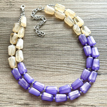 Load image into Gallery viewer, Butter Yellow &amp; Lilac double Strand Purple Big Beaded Statement Necklace, purple beaded jewelry glimmer infused bib collar