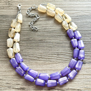 Butter Yellow & Lilac double Strand Purple Big Beaded Statement Necklace, purple beaded jewelry glimmer infused bib collar