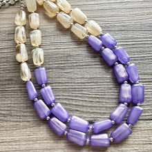 Load image into Gallery viewer, Butter Yellow &amp; Lilac double Strand Purple Big Beaded Statement Necklace, purple beaded jewelry glimmer infused bib collar