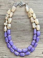 Load image into Gallery viewer, Butter Yellow &amp; Lilac double Strand Purple Big Beaded Statement Necklace, purple beaded jewelry glimmer infused bib collar