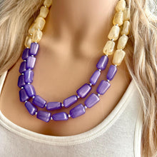 Load image into Gallery viewer, Butter Yellow &amp; Lilac double Strand Purple Big Beaded Statement Necklace, purple beaded jewelry glimmer infused bib collar