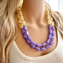 Load image into Gallery viewer, Butter Yellow &amp; Lilac double Strand Purple Big Beaded Statement Necklace, purple beaded jewelry glimmer infused bib collar