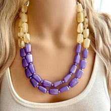 Load image into Gallery viewer, Butter Yellow &amp; Lilac double Strand Purple Big Beaded Statement Necklace, purple beaded jewelry glimmer infused bib collar