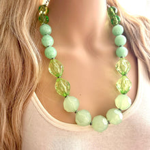 Load image into Gallery viewer, Lush Spring Green 1 Strand statement necklace, big beaded chunky jewelry, green jewelry set, winter mint resin long layering bead meadow