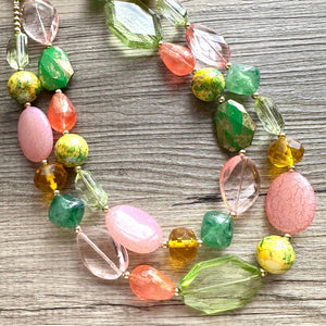 Watermelon Garden Pink & Green Chunky Statement Necklace, Big beaded jewelry, double Strand bib collar Orange coral peach