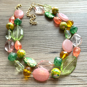 Watermelon Garden Pink & Green Chunky Statement Necklace, Big beaded jewelry, double Strand bib collar Orange coral peach