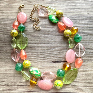 Watermelon Garden Pink & Green Chunky Statement Necklace, Big beaded jewelry, double Strand bib collar Orange coral peach