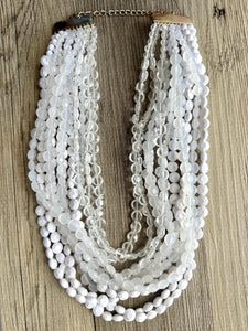 Vintage 11 Strand White Clear Resin Beaded Necklace jewelry, beaded chunky statement, neutral bridesmaid wedding bridal jewelry thick