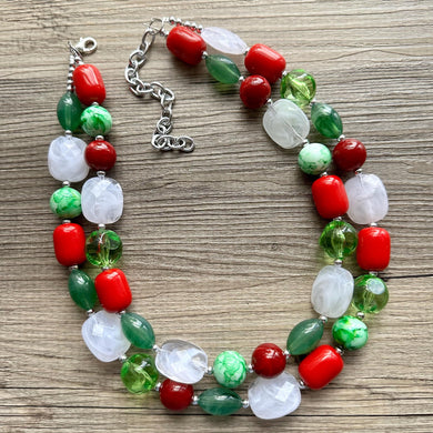 Christmas Candy Necklace, Red Green & White stripe Holiday Jewelry, Christmas Jewelry, Beaded Gift Christmas Present