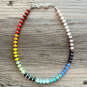 Rainbow Porcelain Block Layering Rainbow Beaded 1 Strand Necklace, Colorful Jewelry, Chunky statement jelly bean confetti silver bubble