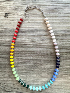 Rainbow Porcelain Block Layering Rainbow Beaded 1 Strand Necklace, Colorful Jewelry, Chunky statement jelly bean confetti silver bubble