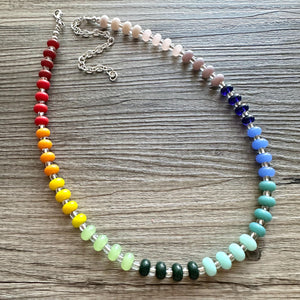 Rainbow Porcelain Block Layering Rainbow Beaded 1 Strand Necklace, Colorful Jewelry, Chunky statement jelly bean confetti silver bubble