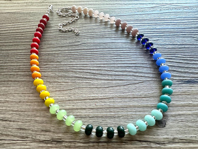 Rainbow Porcelain Block Layering Rainbow Beaded 1 Strand Necklace, Colorful Jewelry, Chunky statement jelly bean confetti silver bubble