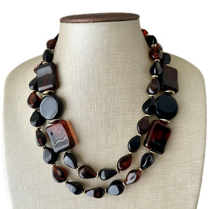 Tortoise Shell long vintage necklace, brown black acrylic beaded statement necklace, everyday neutral chunky layering vintage necklace