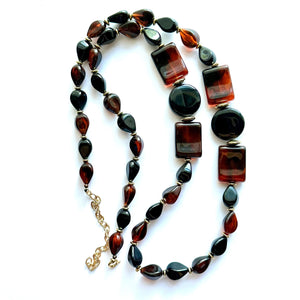 Tortoise Shell long vintage necklace, brown black acrylic beaded statement necklace, everyday neutral chunky layering vintage necklace